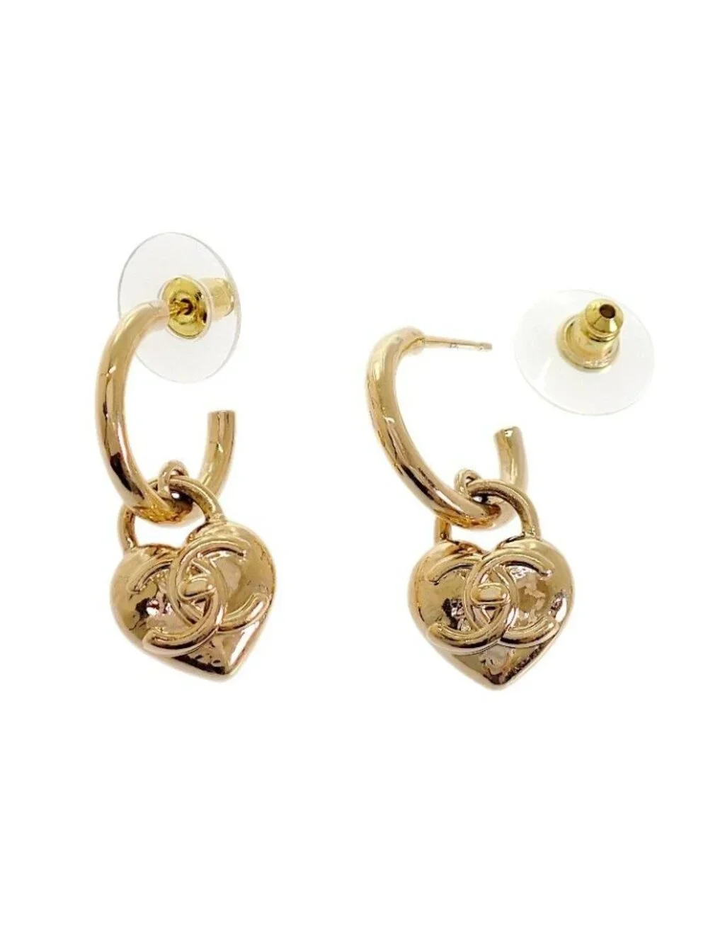 Chanel CC Logo Heart Hoop Earrings Included Metal Gold